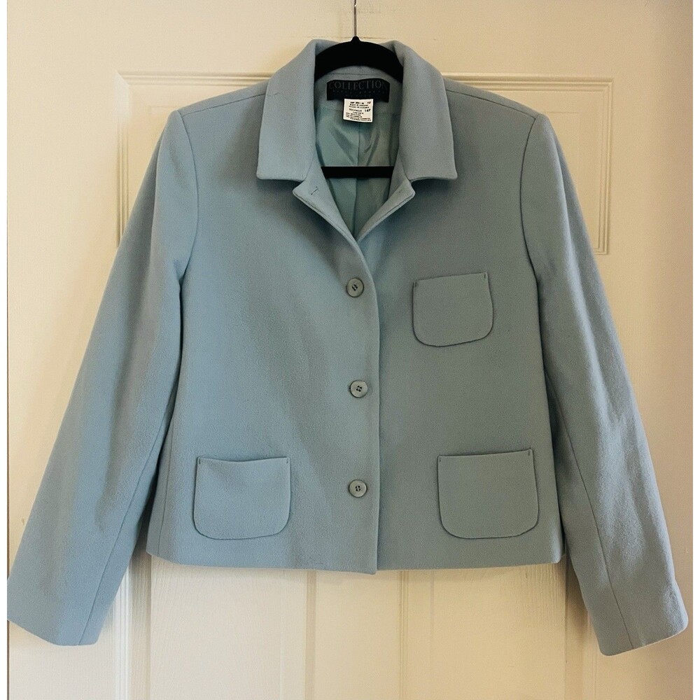 Harve Benard Wool Cashmere Blazer Jacket 14P Blue Short Patch Pocket Coquette